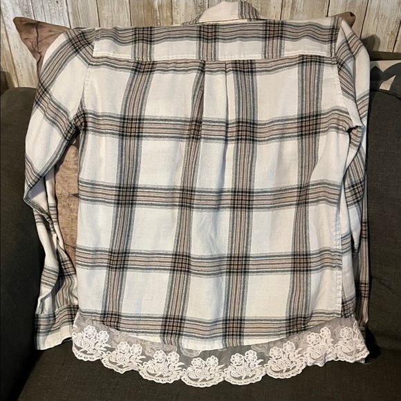 Plaid Button-Up Shirt with Lace Hem - Picture 5 of 5